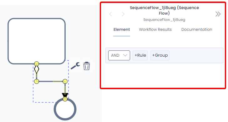 A screenshot demonstrating how to apply conditional logic to a flow connection or link. The screenshot is annotated with a red box to show the location of the Properties Panel, and how selecting a flow connection will change what is displayed in this panel.